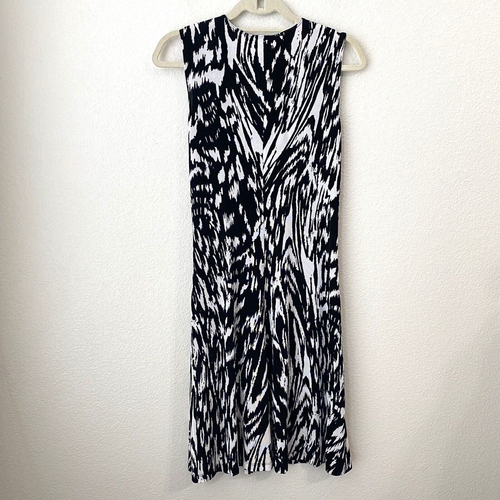 Chico's Dress Womens Size 1 Medium Travelers Faux Wrap Midi Black White - Picture 2 of 7